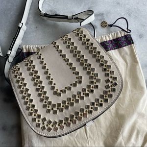 Tory Burch Embellished White Saddle Crossbody Bag